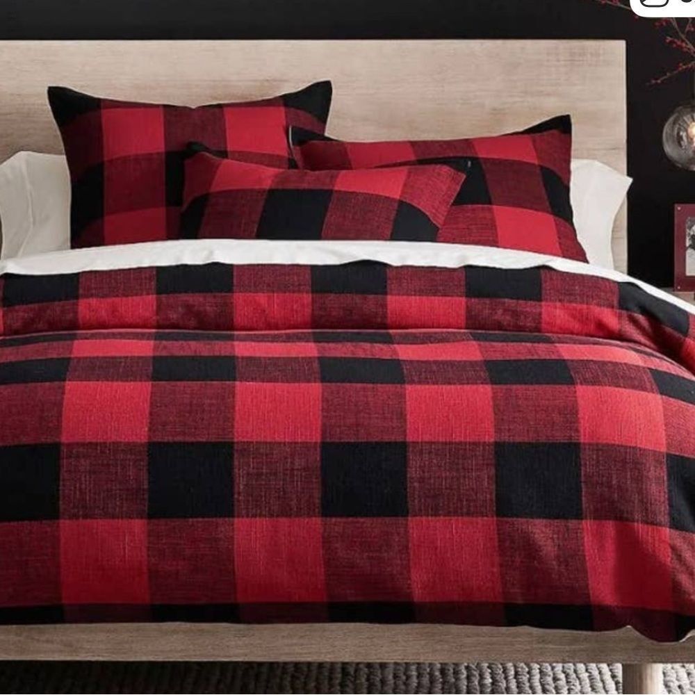 Pottery barn king/cal king buffalo check plaid red/black duvet cover checkered